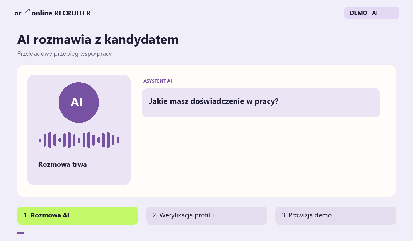 Demo: AI rozmawia z kandydatem, rekruter weryfikuje profil i śledzi prowizję.